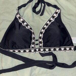 Kona Sol Black and White Halter Bikini Top with Patterned Trim